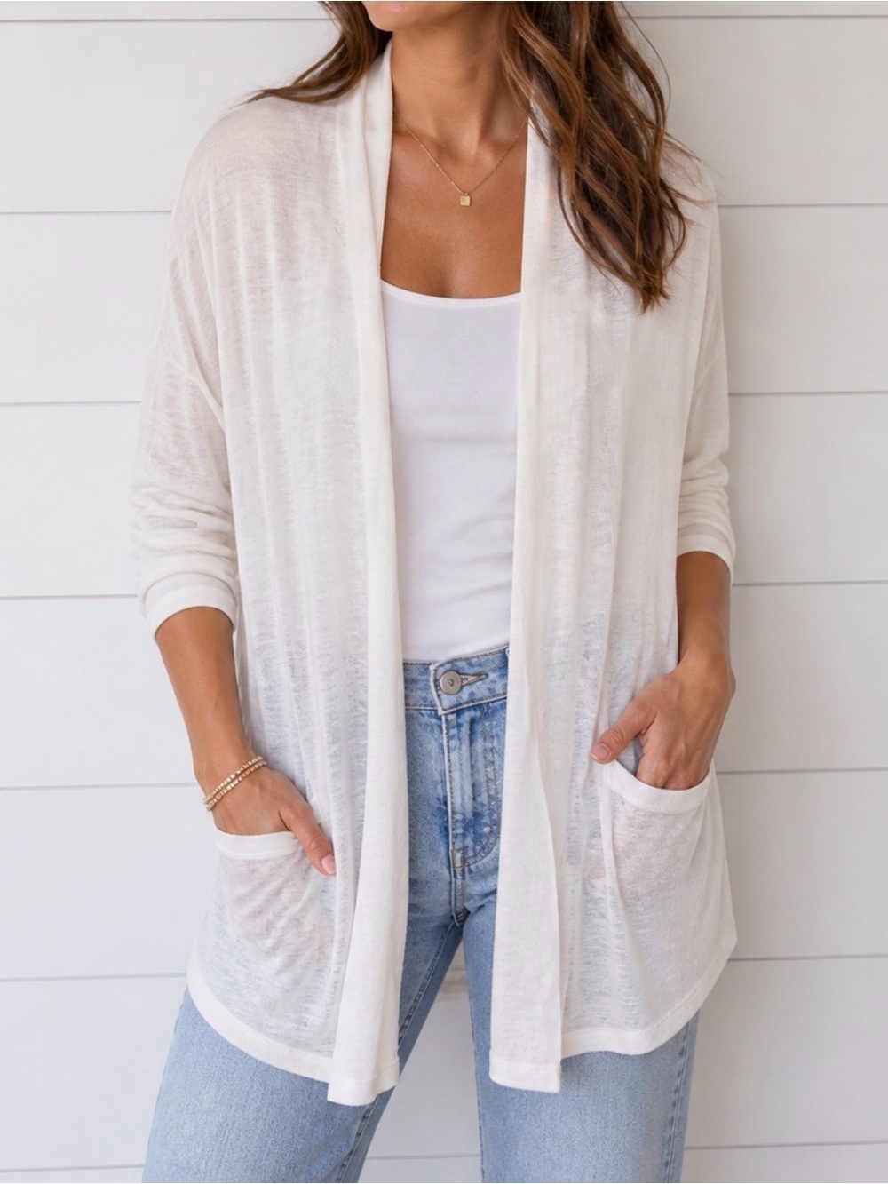 NEW Lunya White Linen Open Front Cardigan OS Lightweight Draped Layering luxury